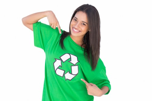 The image features a young woman with long dark hair, smiling and wearing a bright green T-shirt with a white recycling symbol on the front. She is pointing towards the recycling logo with her right hand while her left hand rests on her hip. The background is plain white, emphasizing her cheerful expression and the prominent recycling graphic, which suggests an environmentally conscious message. The green colour of her T-shirt and the recycling symbol represent sustainability and waste reduction efforts, aligning with waste management themes. This image could be associated with environmentally friendly initiatives, recycling campaigns, or promoting responsible rubbish disposal. It conveys a positive, proactive attitude towards waste management, useful for a waste removal service provider such as Office Clearance Chigwell, which operates within the vicinity of Chigwell and the surrounding Essex area, known for its focus on sustainable disposal practices and local environmental efforts.
